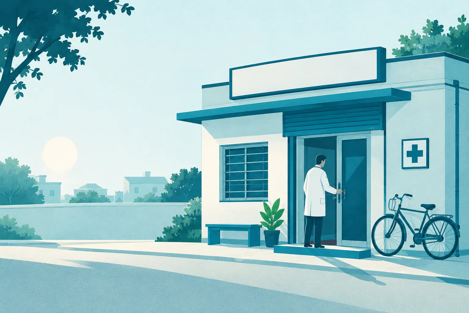 Illustration: a doctor opens a small neighbourhood clinic early in the morning