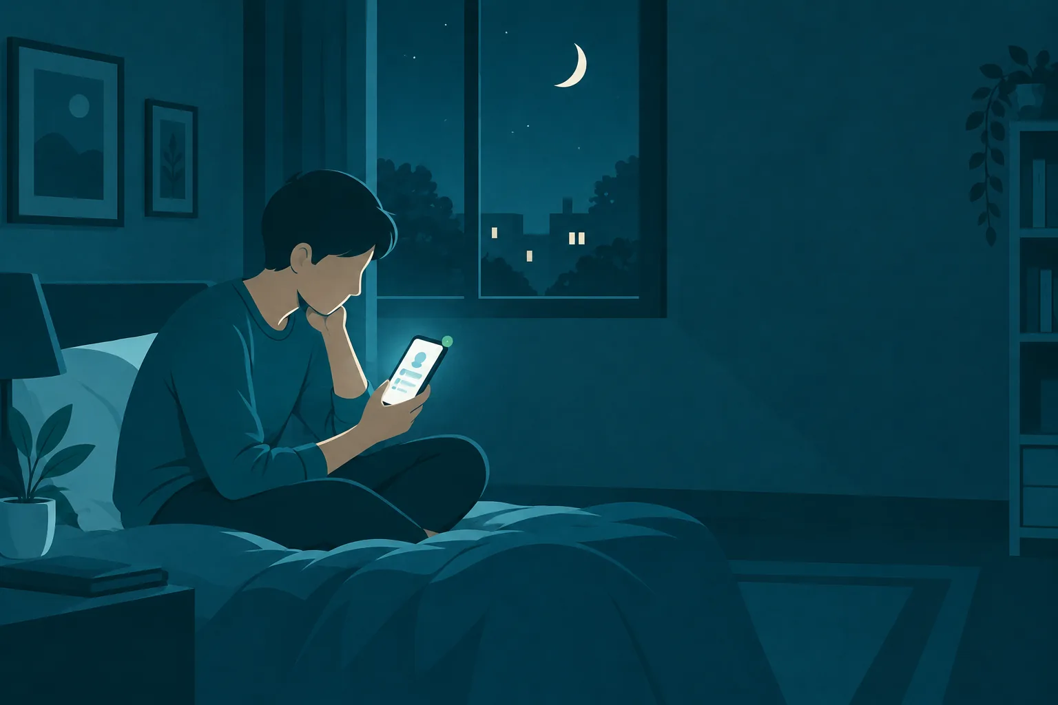Illustration: a person at night quietly searching for help on their phone