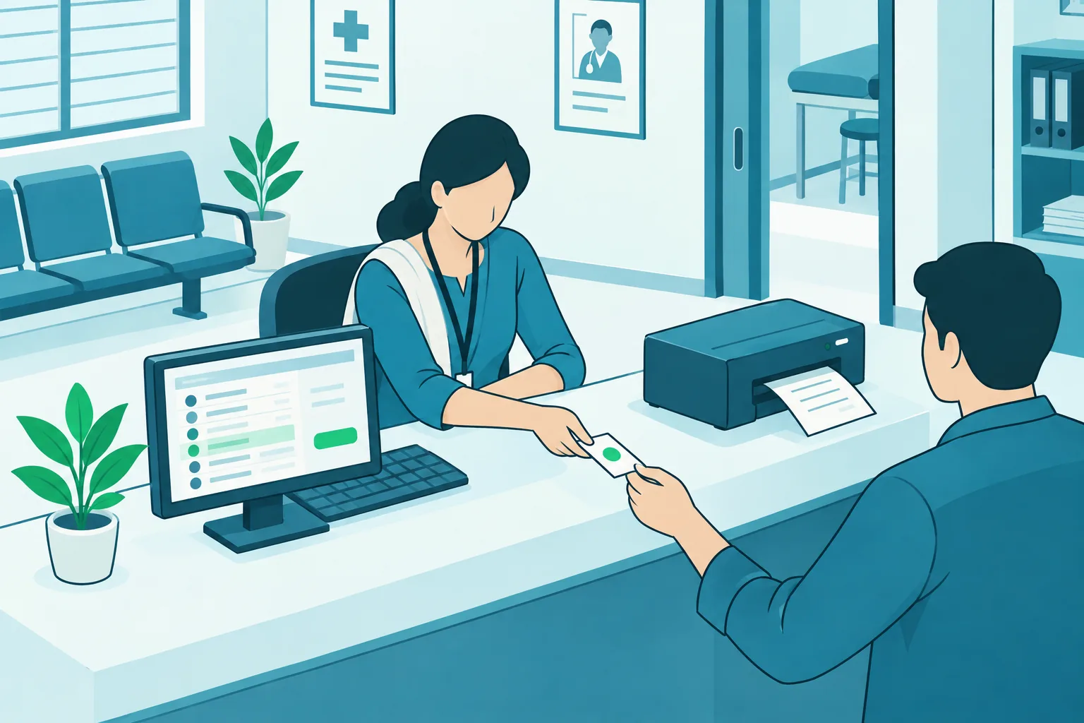 Illustration: the same reception desk, calm, with the OPD software and a printed prescription