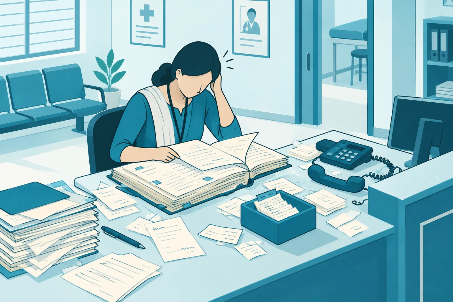 Illustration: a reception desk overwhelmed by paper registers and loose slips